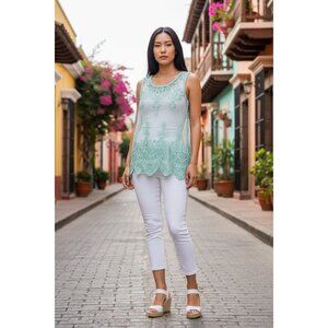 Cecico Women's Sheer Embroidered Turquoise Sleeveless Top
